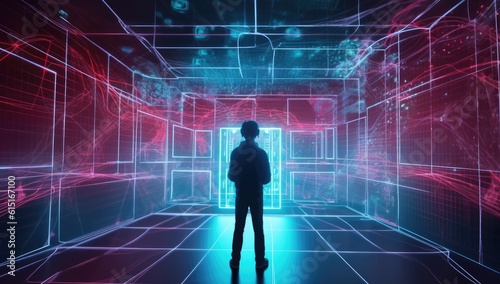 Man in virtual reality world simulator surrounded with network connections