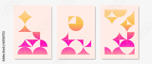 Bauhaus style geometric poster set, vector abstract circle, triangle and square lines. Bright gradient and pink tone, set of trendy backgrounds for decor, print, interior.