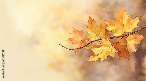 Autumn floral watercolor background in pastel orange colors with illustration of leaves. Generative AI