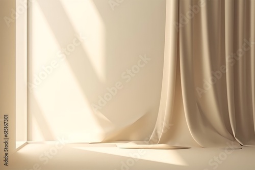 Minimalistic abstract gentle light beige background with curtains. Light. Made with Generative AI