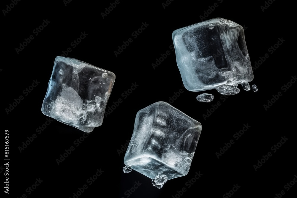 Three ice cubes, isolated on dark black background. Made with Generative AI Three ice cubes, isolated on dark black background. Made with Generative AI