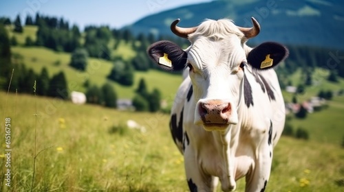 Cow on green field. generative AI