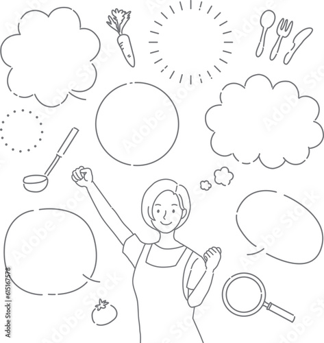 吹き出しとエプロン姿の女性