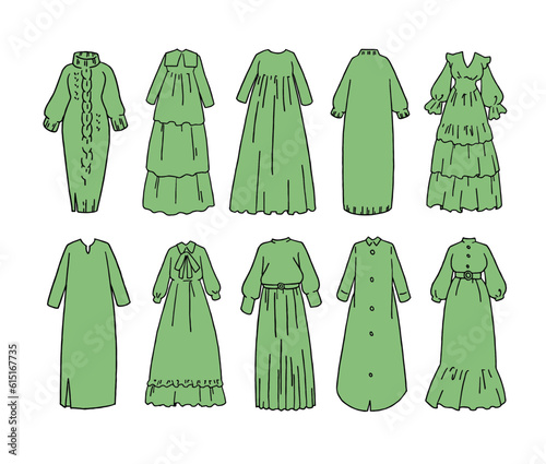 緑のロング丈ワンピースのイラストセット