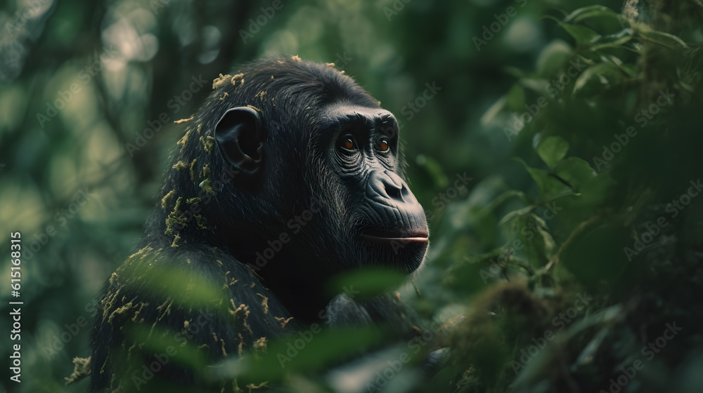 Closeup of the chimpanzee in the wild forest Closeup of the chimpanzee in the wild forest