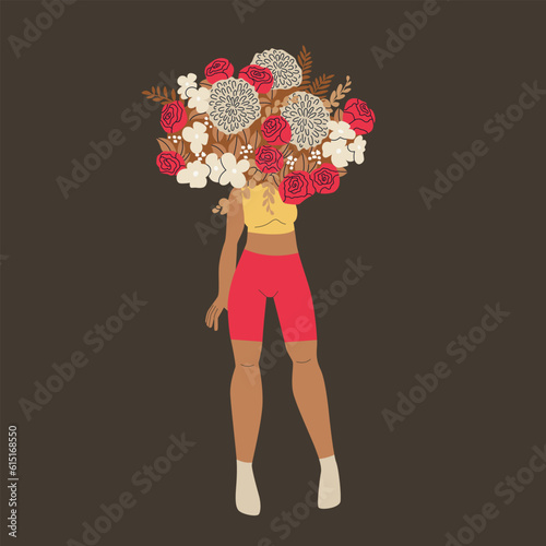 A beautiful slender female figure in a swimsuit or underwear with a huge bouquet of flowers on her shoulders or on her head. Vector isolated illustration for design.