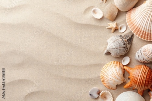 Sea shells with sand as background. Summer beach, ai generated