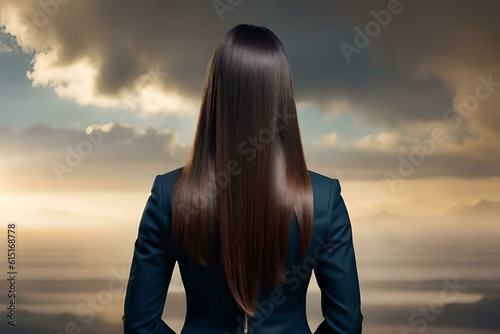 Woman from the back with long, straight, dark hair. Created with generative Ai technology.