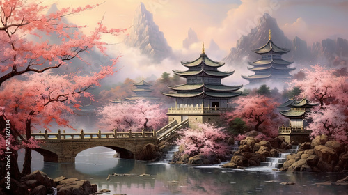 illustration of ancient orient Asian castle in nature cherry blossom forest, generative Ai