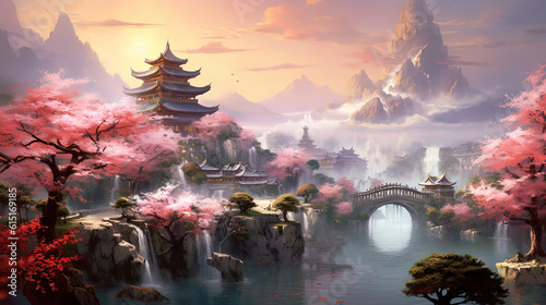 illustration of ancient orient Asian castle in nature cherry blossom forest, generative Ai