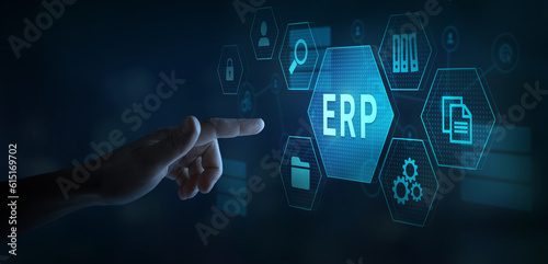 ERP software, ERP Enterprise resource planning concept on touchscreen with icons
