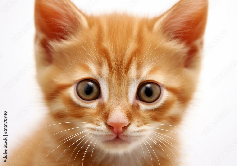 Muzzle of a ginger kitten on a white background close-up.
