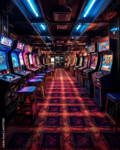 Game center with automat casino and poker, arcade saloon interior with neon bright color grading hyper photography.