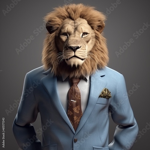 Lion businessman in a suit feel real super realistic front position on gray background.