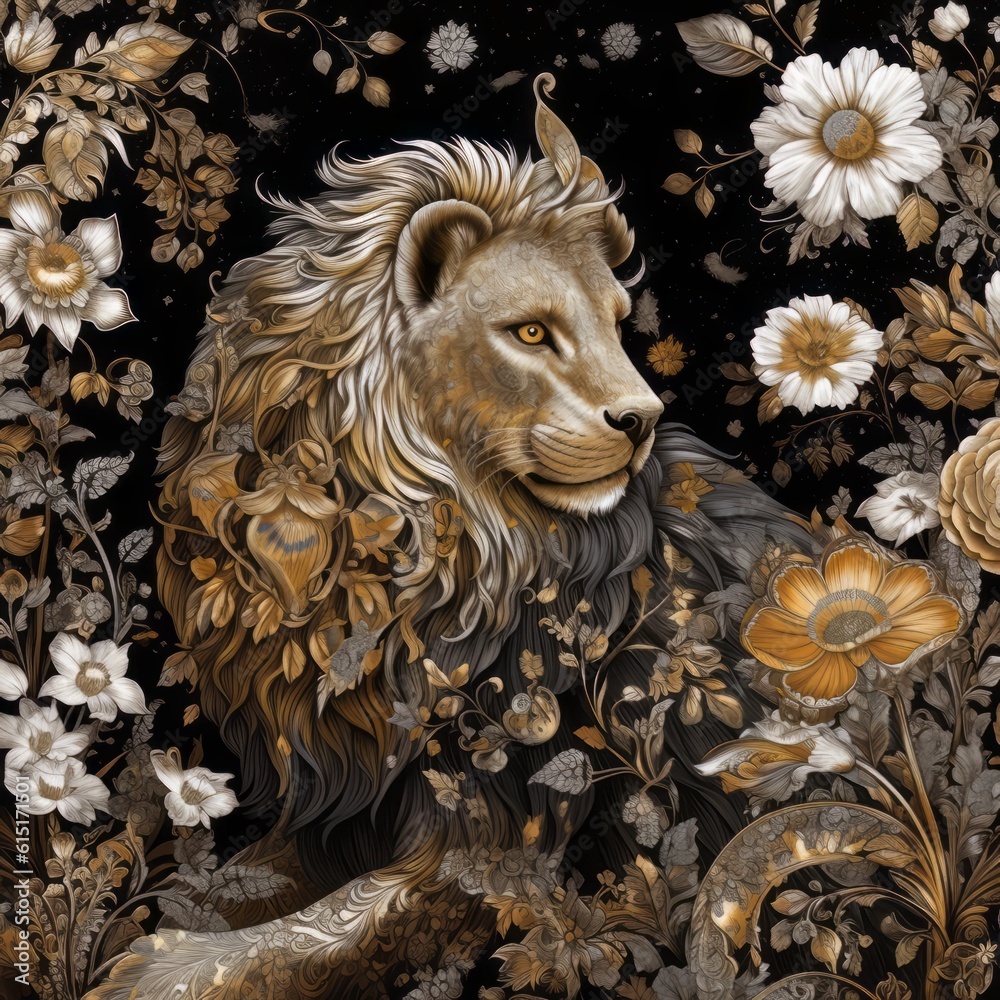 Lion illustration fairy tale with detailes gold and silver flowers on black background.