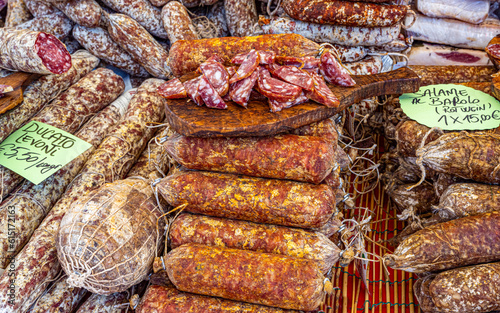 Market day in Cannobio Local specialties on offer- Verbania, Piedmont, Italy, Europe