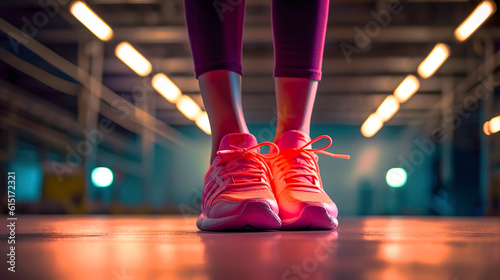feet in pink sneakers, gym shoes close up, Generative AI