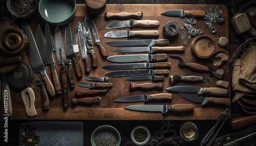 Rustic collection of old fashioned metal tools on wooden table generated by AI photo