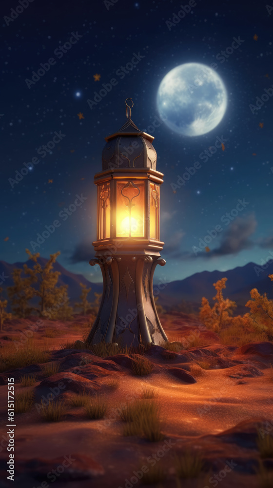 Eid Under the Moonlight, Minimalistic Stock Photo Illustration with Light Lanterns