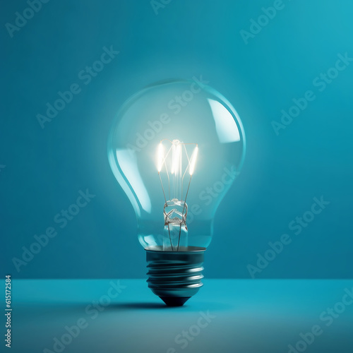 Glowing light bulb isolated on blue background, ai generated