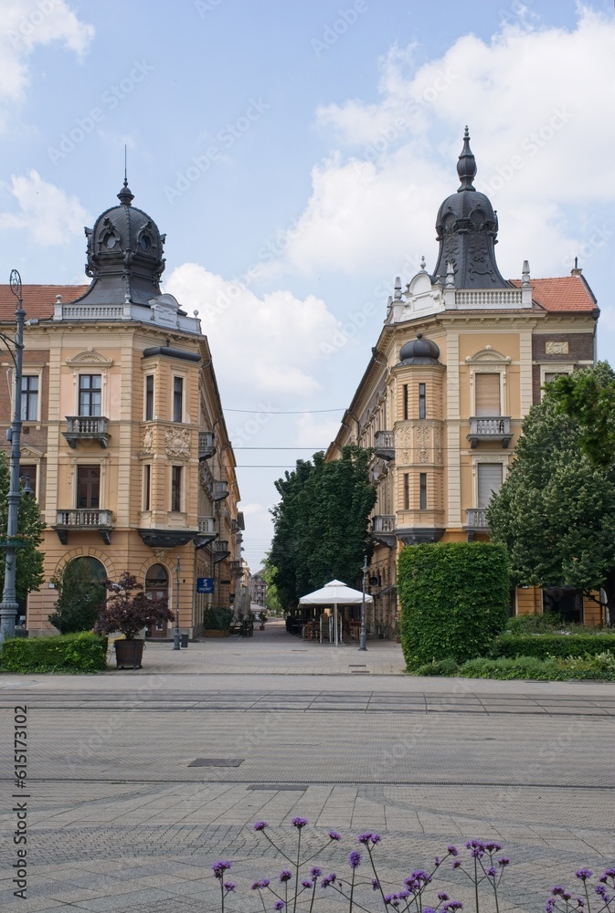 Debrecen, Hungary - Jun 18, 2023: A walking in the center of Debrecen city in northeastern Hungary in a sunny spring day. Selective focus.