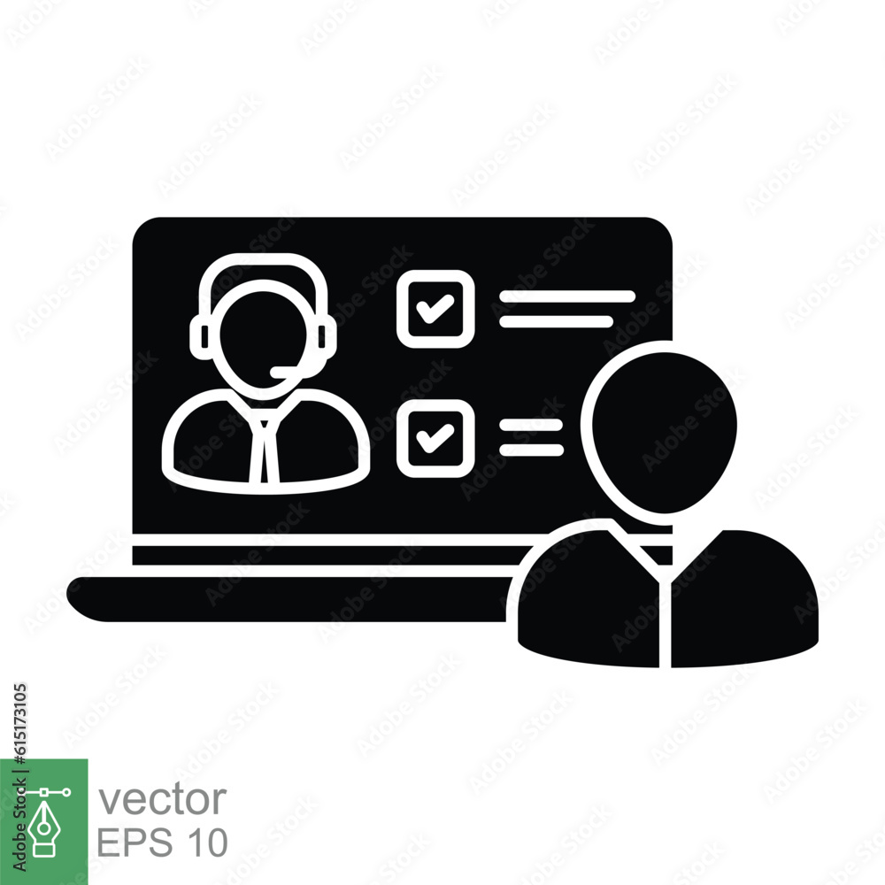 Customer service icon. Simple solid style. User with laptop computer, help desk, call center, support concept. Black silhouette, glyph symbol. Vector illustration isolated on white background. EPS 10. Customer service icon. Simple solid style. User with laptop computer, help desk, call center, support concept. Black silhouette, glyph symbol. Vector illustration isolated on white background. EPS 10.