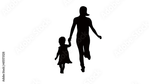 mom and daughter holding hands hurry