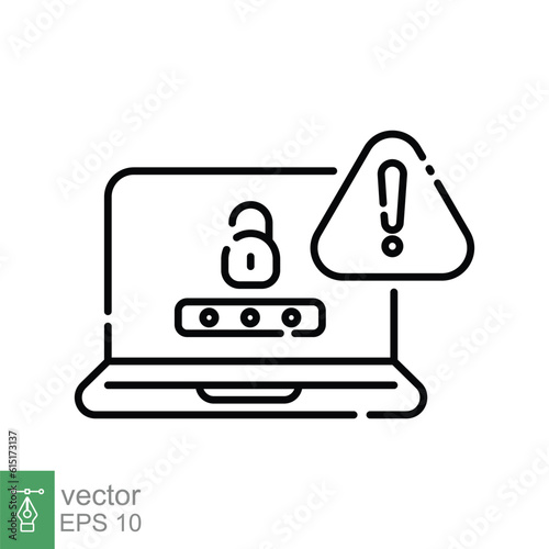 Password phishing icon. Simple outline style. Laptop hack, ransomware, fraud, scam, information steal, technology concept. Thin line symbol. Vector illustration isolated on white background. EPS 10.