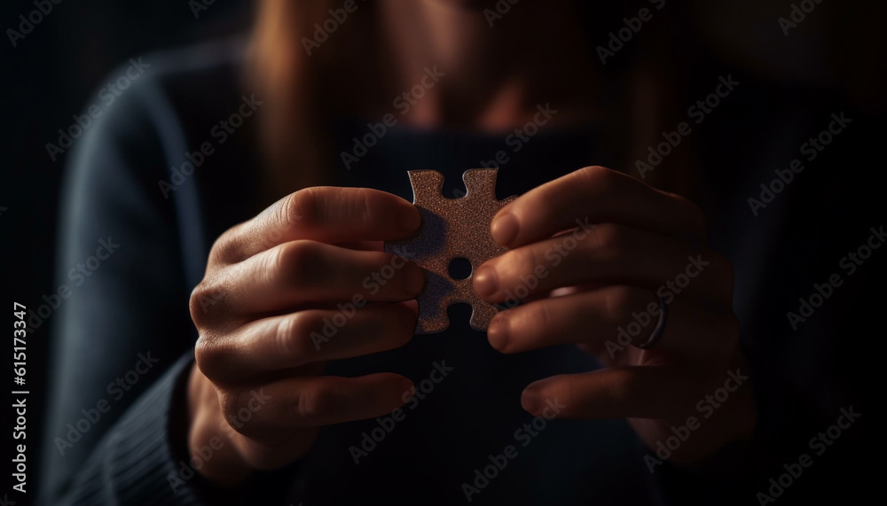 One person holding puzzle piece, symbol of teamwork and success generated by AI