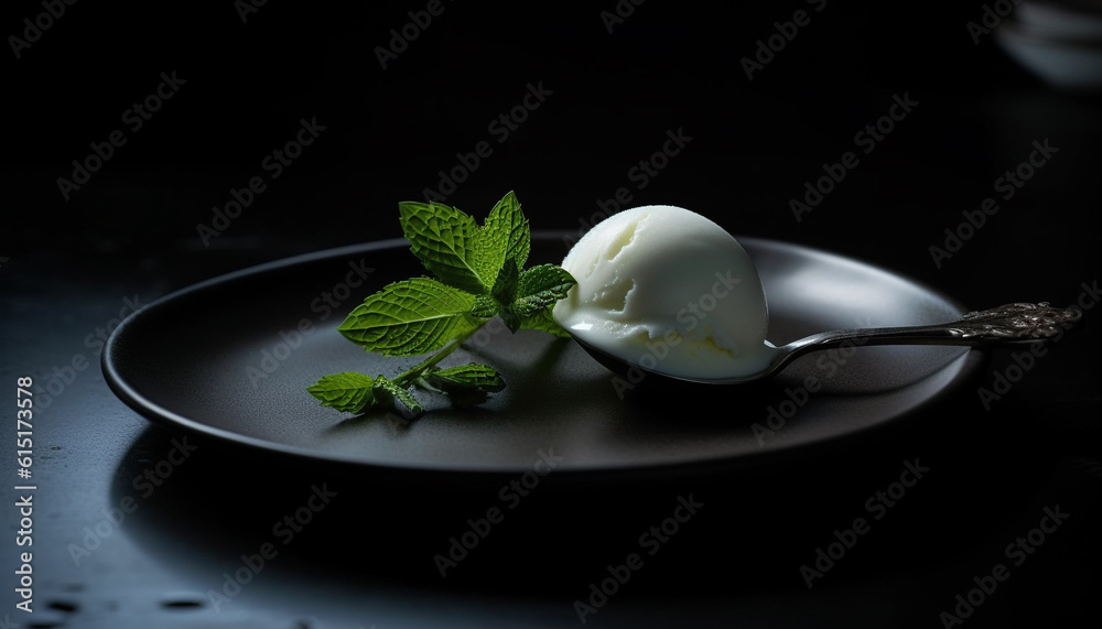 A gourmet dessert plate with fresh fruit, mint leaf, and cream generated by AI A gourmet dessert plate with fresh fruit, mint leaf, and cream generated by AI