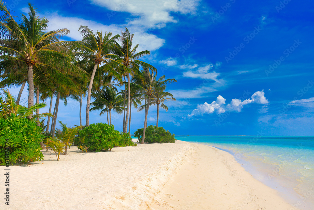 Idyllic Beach with Palm Trees at the Maldives, Indian Ocean