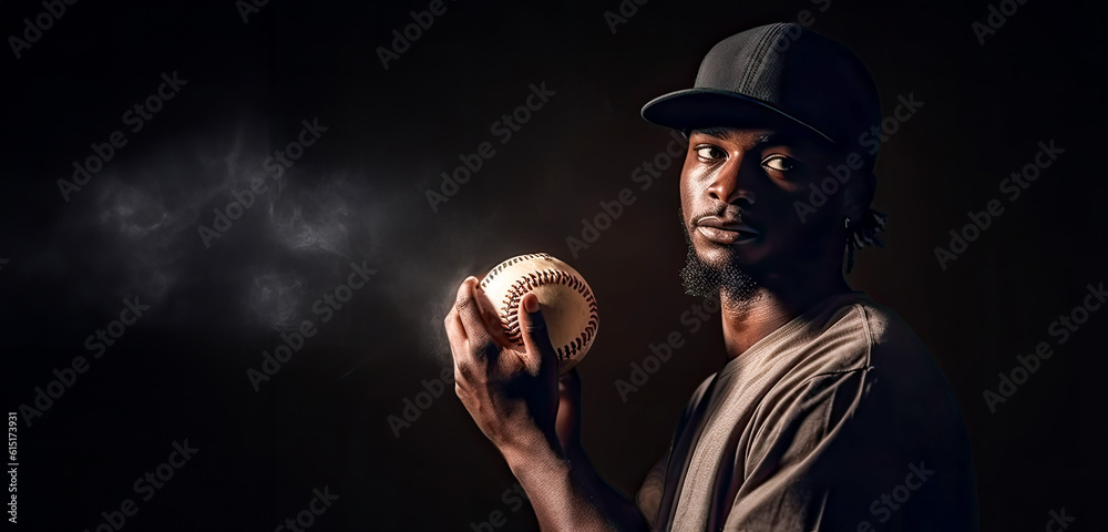 Young adult African American male baseball player holding softball,getting ready throw. AI generated