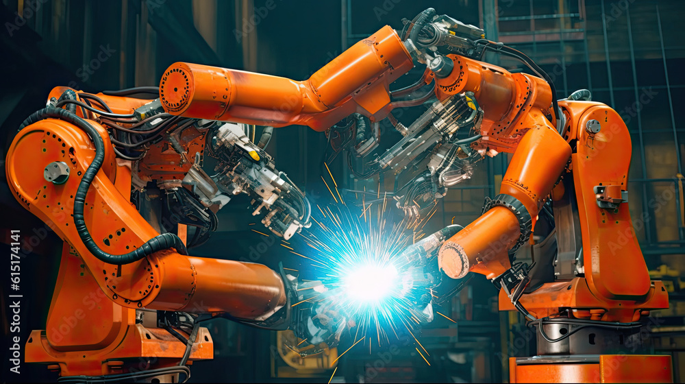 Robots welding in a car factory. Welding car body