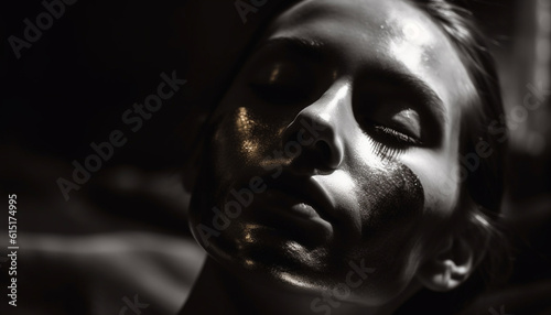 Serene young woman with closed eyes, wet skin, sensual focus generated by AI