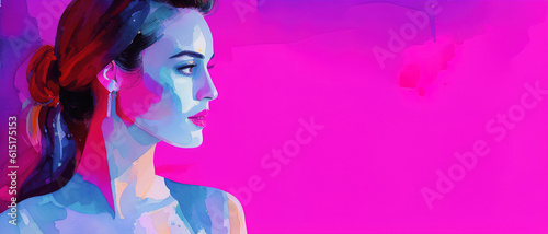 Sensual woman in neon ultraviolet light watercolor drawing, AI generative.