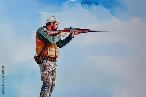 Hunter man in camouflage with a gun during the hunt in search of wild birds or game, generative ai