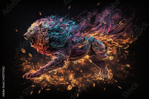 Illustration cosmic lion from stars and color lights in space isolated on black background.