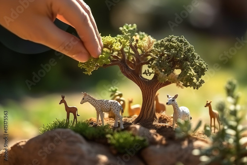 tree in hands, A Tapestry of Life: Close-Up of a Small Tree Growing in a Handful of Earth, Embracing Real African Animals Held in Hands, Amidst a Summer's Sunny Green Garden Ambiance