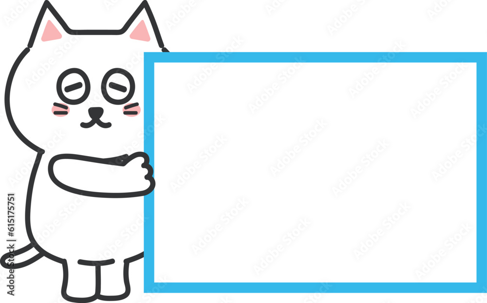 White cartoon cat informing something happily with a blank sign. Vector illustration.