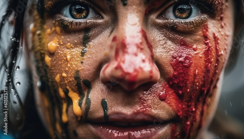 Smiling young adult woman with wet face paint in studio generated by AI