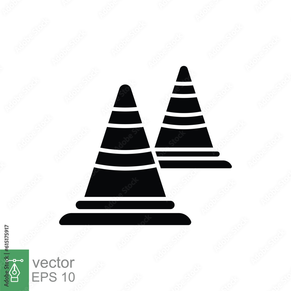 Road cone icon. Simple solid style. Construction, work safety, street security, two plastic cone concept. Black silhouette, glyph symbol. Vector illustration isolated on white background. EPS 10. Road cone icon. Simple solid style. Construction, work safety, street security, two plastic cone concept. Black silhouette, glyph symbol. Vector illustration isolated on white background. EPS 10.