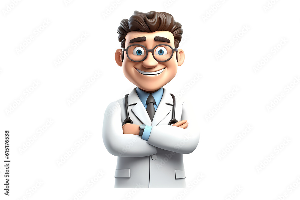 3d cartoon character cute smiling doctor man physician in a white coat looking with cross arms chest, isolated on white and transparent background. Created with Generative AI technology.