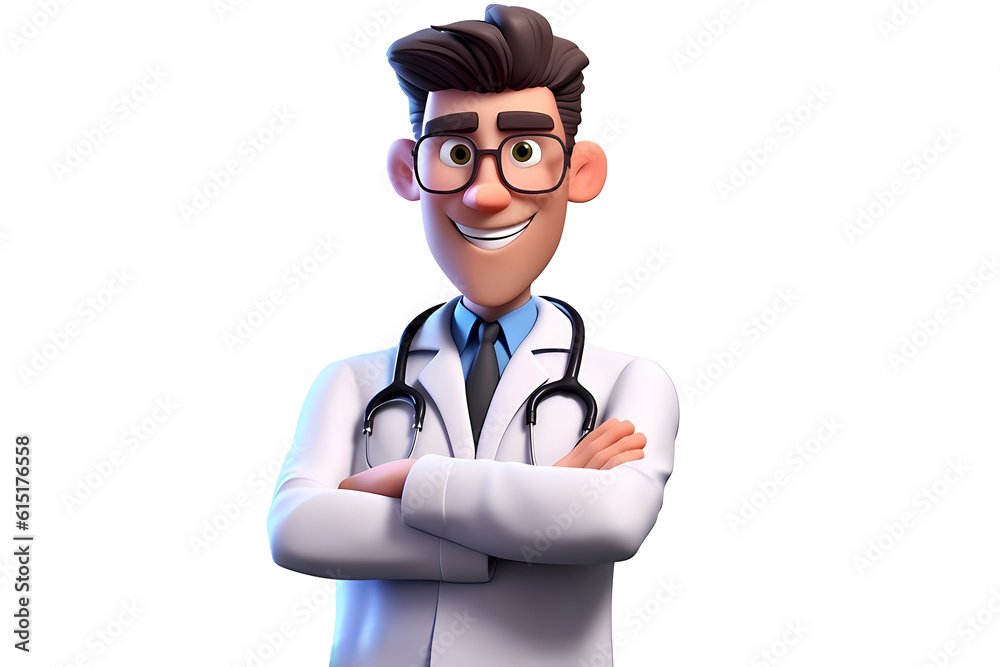3d cartoon character cute smiling doctor man physician in a white coat looking with cross arms chest, isolated on white and transparent background. Created with Generative AI technology. 3d cartoon character cute smiling doctor man physician in a white coat looking with cross arms chest, isolated on white and transparent background. Created with Generative AI technology.