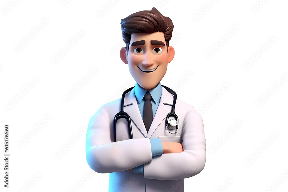 3d cartoon character cute smiling doctor man physician in a white coat looking with cross arms chest, isolated on white and transparent background. Created with Generative AI technology. 3d cartoon character cute smiling doctor man physician in a white coat looking with cross arms chest, isolated on white and transparent background. Created with Generative AI technology.