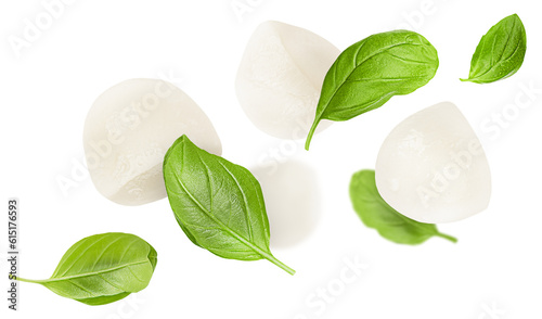 Tableau sur toile mozzarella balls and basil leaves levitate on a white isolated background