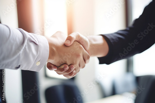 business people shaking hands in office, Sealing the Deal: A Captivating Close-Up of a Handshake between a Man and Woman in a Business Situation