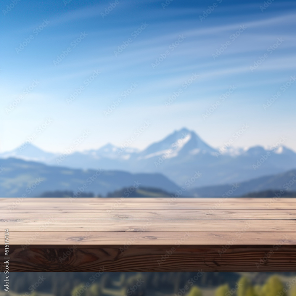 table in mountains, Nature's Serenade: Close-Up of an Empty Wooden Table, Bathed in Sunlight with a Backdrop of Majestic Unsharp Blue Sky and Sunny Mountains