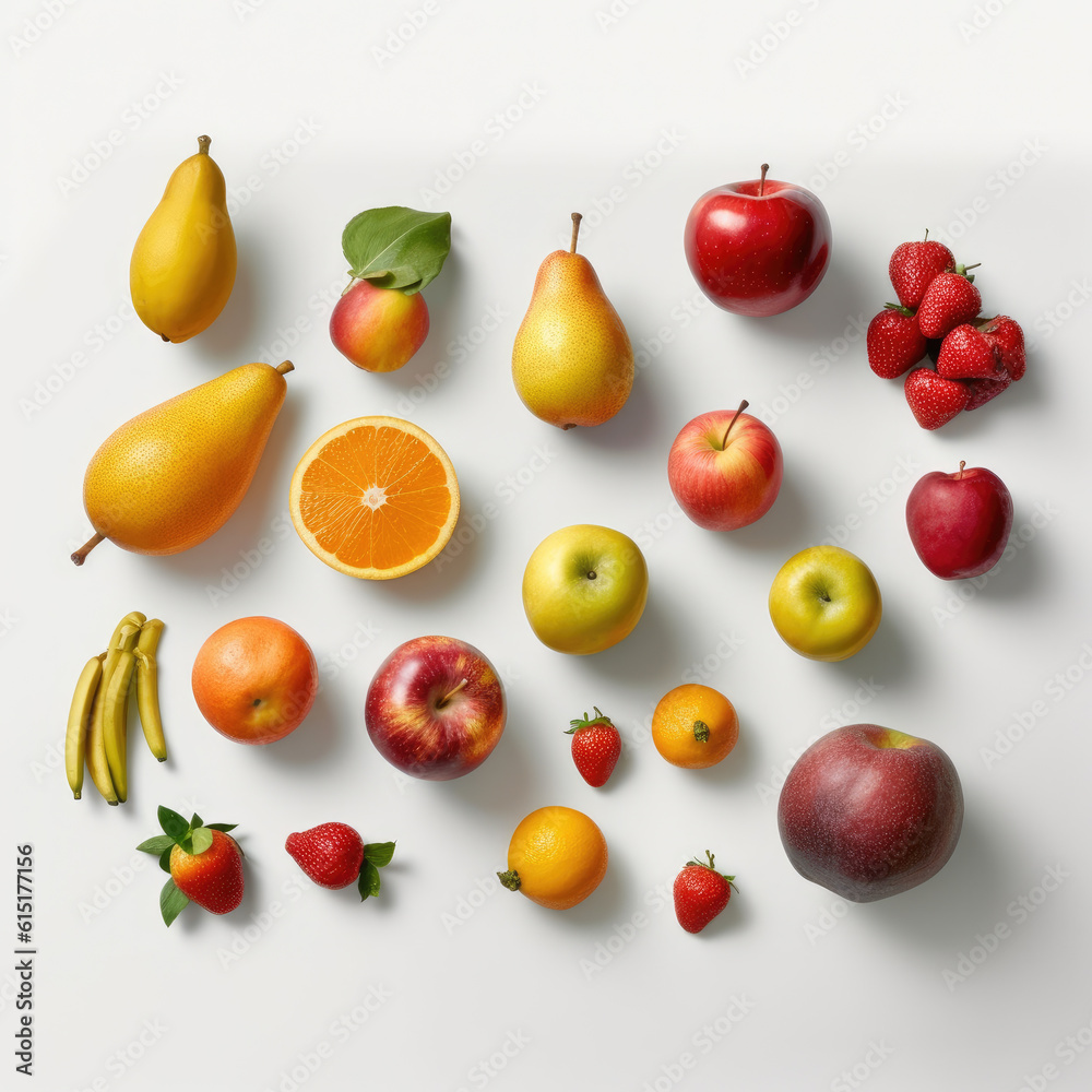 Collage of different fruits isolated on white background. 3d rendering. Collage of different fruits isolated on white background. 3d rendering.