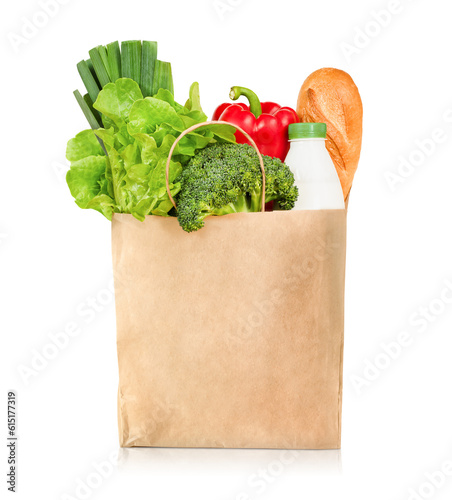 paper bag with groceries on a white isolated background