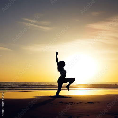 yoga on the beach at sunset  Silhouette Serenity  Yoga Harmony at a Wide Open Beach in England s Summer Sundown